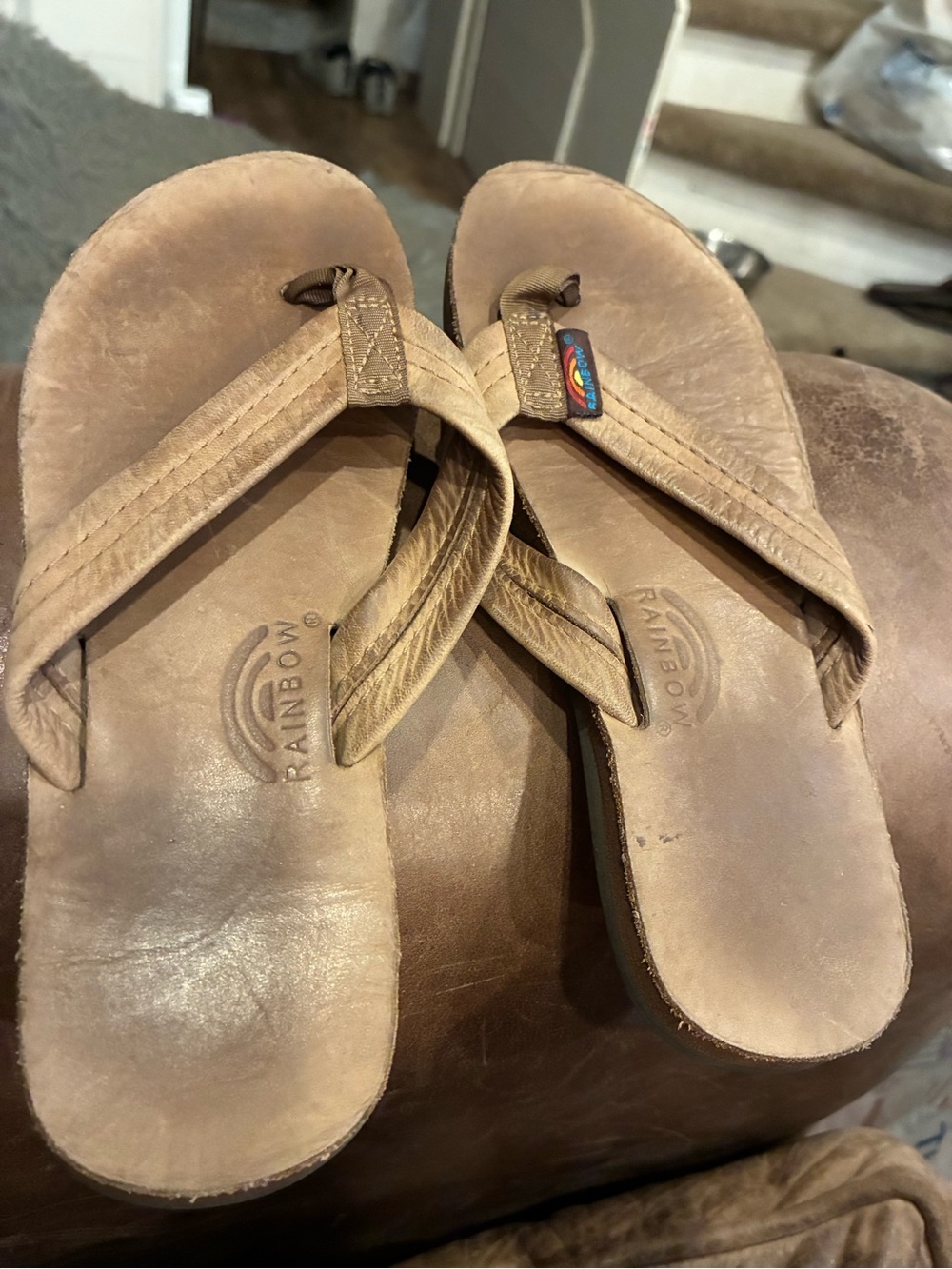 Rainbow Leather Flip Sandals in Light Brown